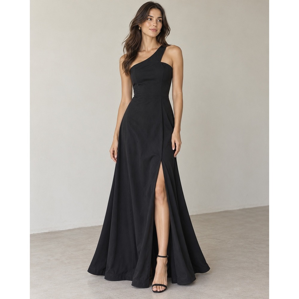 Lulus Black One Shoulder Maxi Dress Asymmetrical Slit Formal Gown Sleeveless